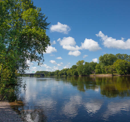 The Mississippi River above Minneapolis, showing a wide river surrounded by riparian vegetation