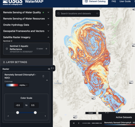 WaterMAP of Pyramid Lake showing chloropyll with colored bands