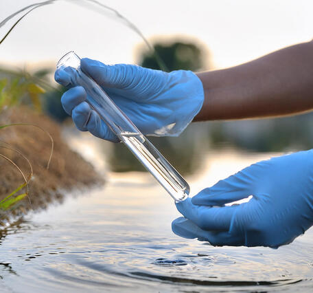 Pair of hands holding sample of water from river in glass test tube 
