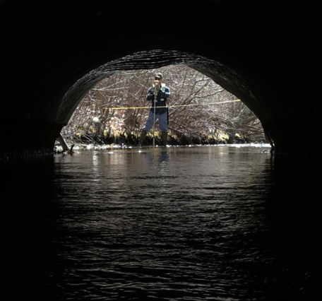 A man measures streamflow viewed through an outfall pipe.