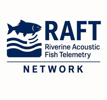 Image of a fish above the letters "RAFT," below which the words "Riverine Acoustic Fish Telemetry Network" are displayed.