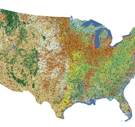 A landcover map of the lower 48 with the reference and validation sample plots highlighted.