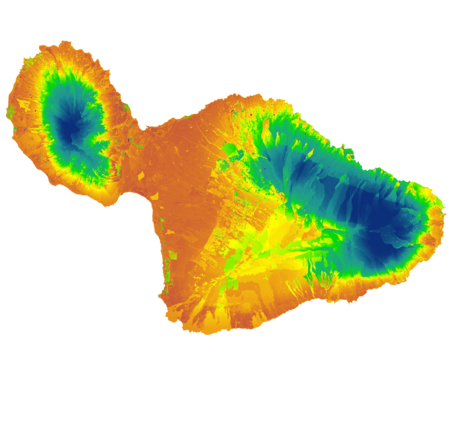 Map showing distribution of mean annual recharge for 1978-2007 climate and 2017 land-cover conditions for Maui