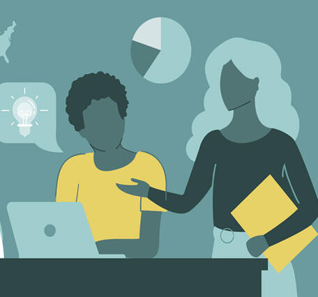 Illustration showing a collage of people working together, funding processes, and hazard impacts on society.