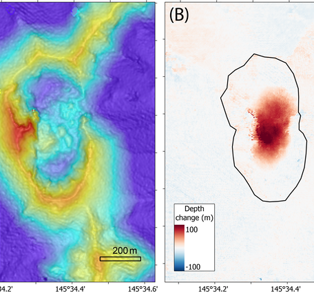 Color graphics showing change to a volcanic seamount topography