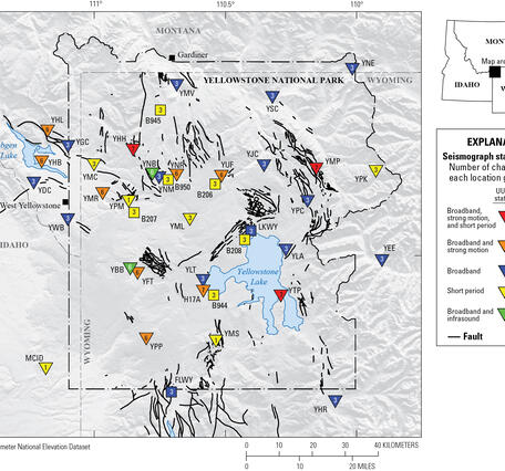 Map of Yellowstone with colored triangles and boxes showing locations, types, and operators for seismic stations
