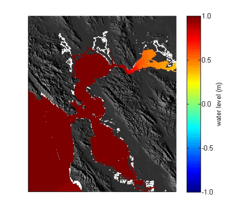 Animation shows map of land and sea, land doesn't change and the ocean and bay change colors according to tidal height.
