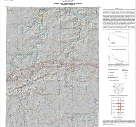 A topographic map showing bedrock topography depicted in red lines through a grey background.