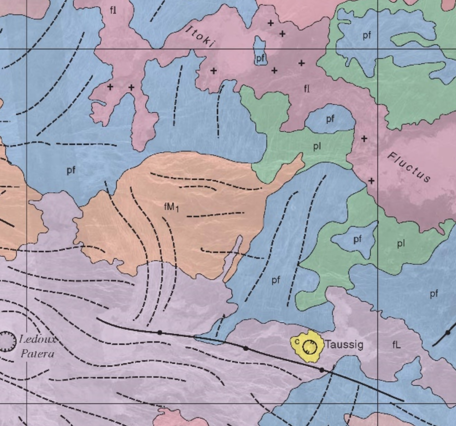 Inset of USGS SIM 2813: Geologic map of the Taussig quadrangle (V-39), Venus