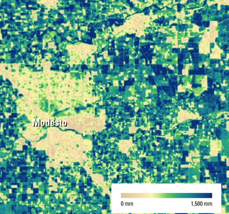 A map image with hues of yellows, greens and blues