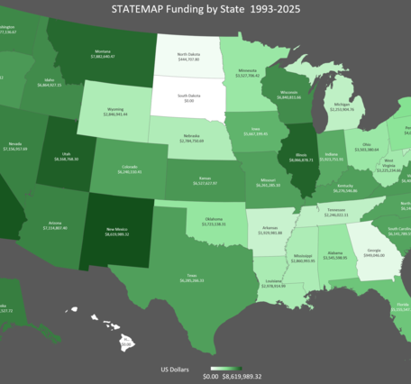 Map showing all 50 US States in varying shades of green depicting darker shades as increased funding amounts. 