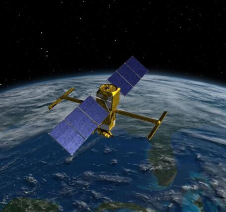 This illustration depicts the Surface Water and Ocean Topography (SWOT) satellite above Earth