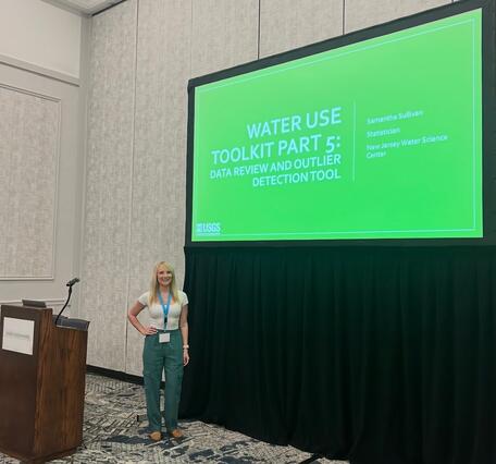 Woman with light skin and long blonde hair standing Infront of a presentation screen and pdium