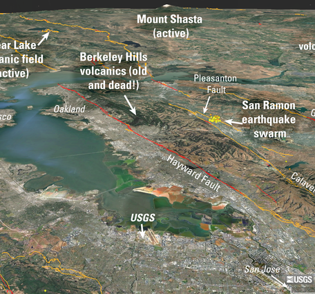 An oblique Google Earth map of the San Francisco Bay area, looking north from the Santa Cruz mountains. Major cities, active tectonic faults, and the location of the San Ramon earthquake swarm are highlighted. The Clear Lake Volcanic Field, Mount Shasta, and the Berkeley Hills volcanics are also annotated to show that the San Ramon earthquake swarm is not happening near any active volcanoes. 