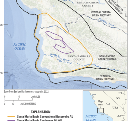 Map of Santa Barbara County, California, with purple and orange lines showing oil and gas assessment units.
