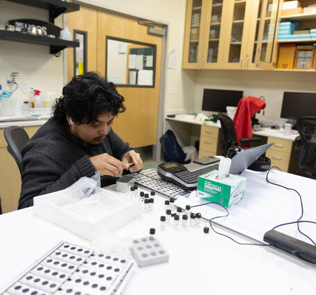 Scientists analyzing material extracted from sediment cores