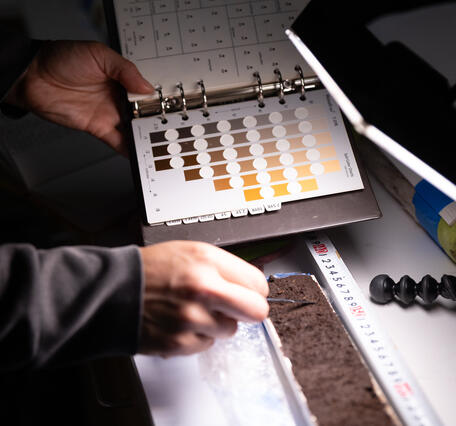 Scientists analyzing material extracted from sediment cores