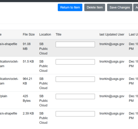 Screenshot of ScienceBase user interface showing how to create shapefile service 