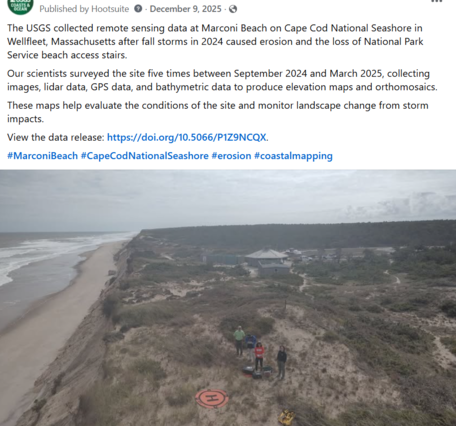 facebook post with text and photo showing people standing on sandy coastline