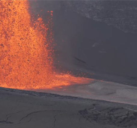 Color photograph of lava fountain base and lava channel
