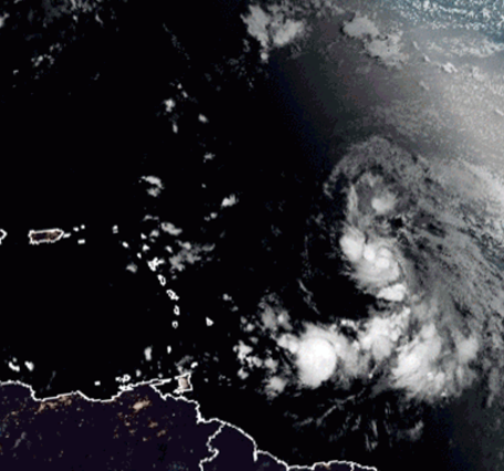 A gif image showing three storms in the Caribbean and Atlantic, Marco, Laura and a Tropical Depression off the coast of Africa. 