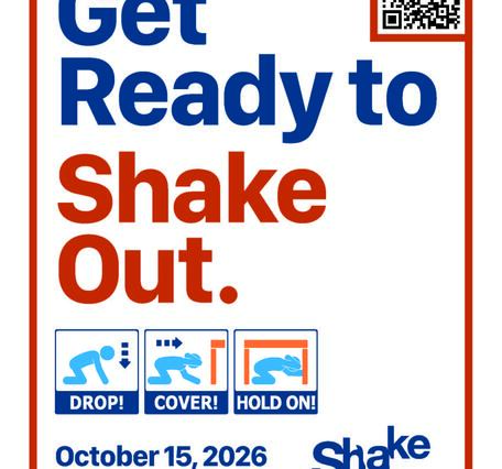 Color graphic with words and cartoons advertising an earthquake drill
