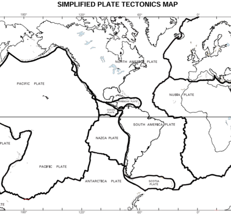 black and white image of simplified plate tectonics map