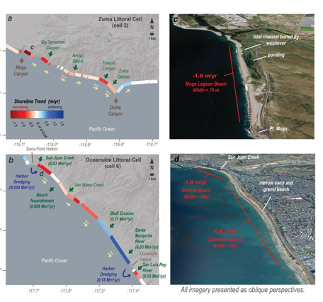 Site maps of two sections of the southern California coast with high rates of beach narrowing