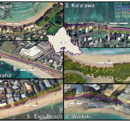 Diagram showing six example sites around Oahu under different SLR scenarios