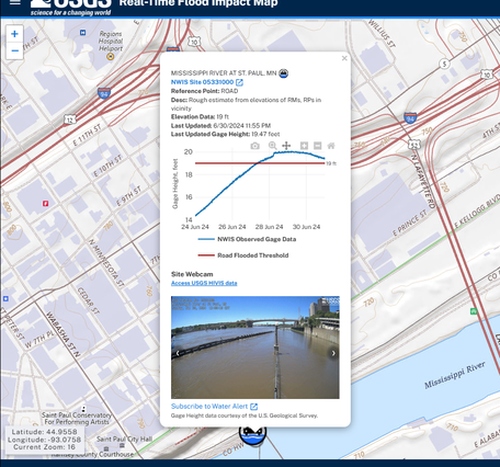 RT-FI Map flood impact location pop-up showing the hydrograph and webcam of a flooded road along the Mississippi River
