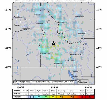 Map of Idaho and surrounding states with warm colors showing where Stanley earthquake was felt