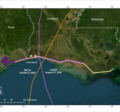 Map of the Texas and Louisiana coast showing the tracks of Hurricanes Laura and Delta in 2020 along with the extent of hurricane warnings for each storm.
