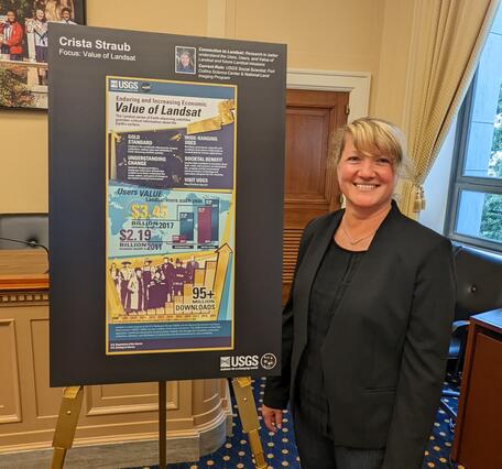 Picture of a woman standing by a poster