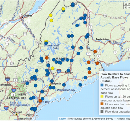 A map displaying the comparison of streamflow in Maine to seasonal aquatic base flow