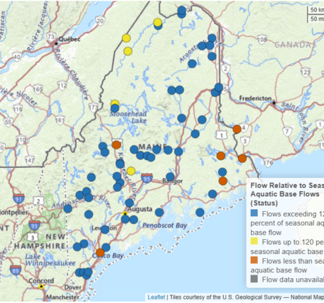 A map displaying the comparison of streamflow in Maine to seasonal aquatic base flow
