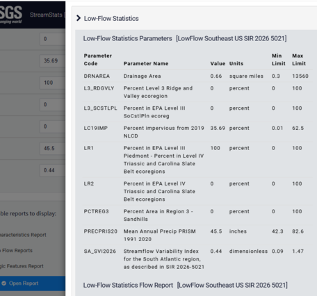 Low-Flow Statistics Flow Report, USGS Streamstats