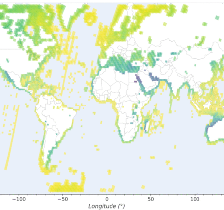 A map showing the geographic distribution of Landsat 8 and Landsat 9 scenes used for sun glint characterization