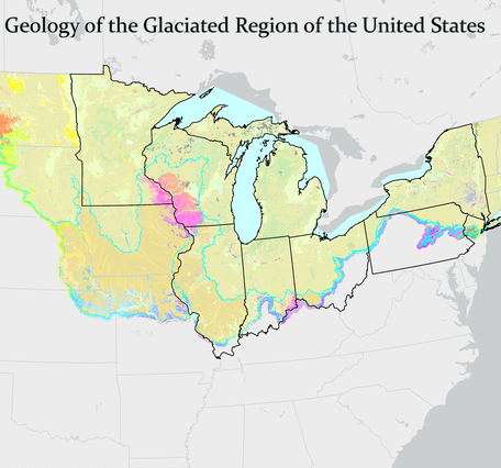 Grey background map of the US and Canada focused on the region around the Great Lakes with geologic map overlay in a variety 