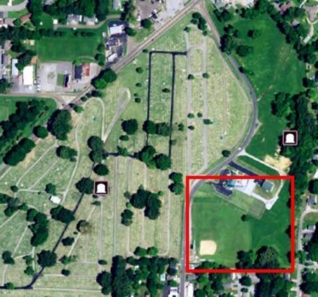Figure 2: The red box outlines what was formerly a ball field, now the current location of Connie Mack Cemetery.