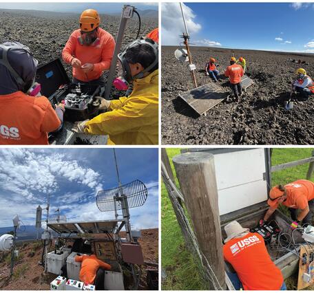 Color photograph mosaic showing four photos of field engineers working in different conditions on volcano monitoring stations