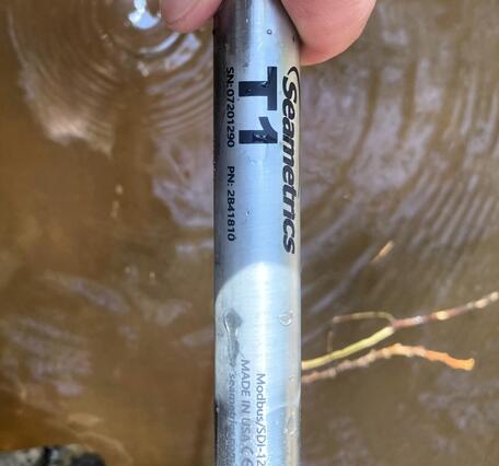 Close up image of hand holding a Seametrics T1 Thermister over brown stream water