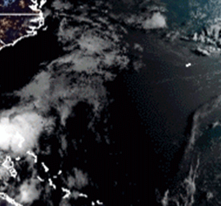 An animated gif showing a satellite image of Tropical Storm Isaias off the eastern coast of Florida
