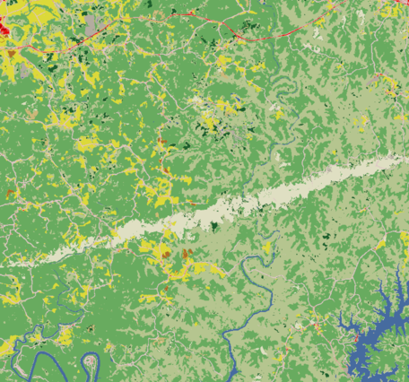 A land cover map of part of southern Kentucky, showing a mix of forest, pasture, rivers and urban areas 