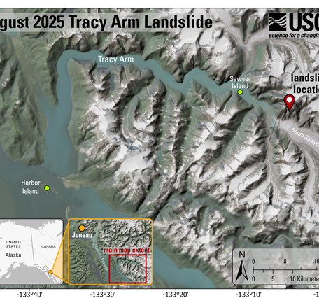 Map showing the location of the tsunamigenic landslide in Tracy Arm southeast of Sawyer Island. 