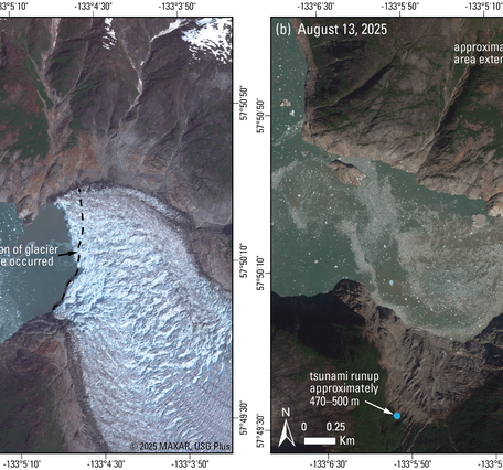 Before and after satellite imagery of the Tracy Arm landslide showing the toe of the South Sawyer Glacier missing after.