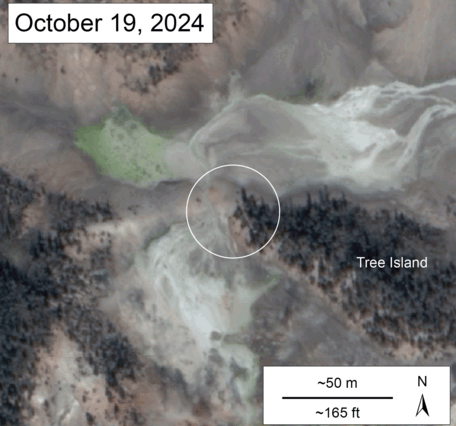 animated gif of satellite images showing development of a small hydrothermal pool between October 2024 and February 2025
