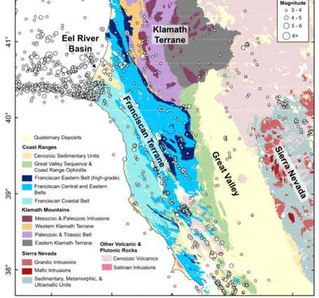  Map view of general geology of western California and southern Oregon showing earthquake magnitude and epicenter location