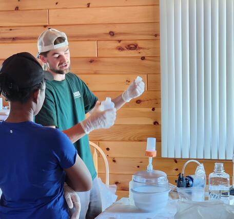 Scientist training another scientist on mercury sample processing