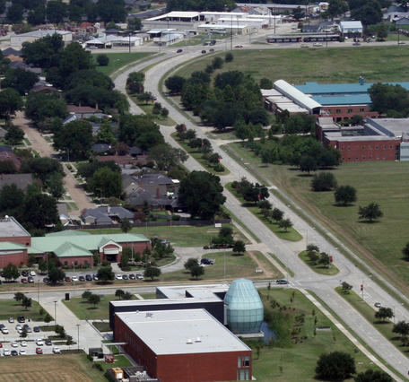 an aerial image shows the University of Louisiana at Lafayette research park in Lafayette, Louisiana which includes the Wetland and Aquatic Research Center