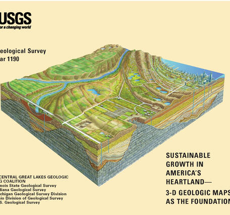 Yellow background with block diagram showing present-day surface and subsurface conditions/land use with text reading title and other information. 